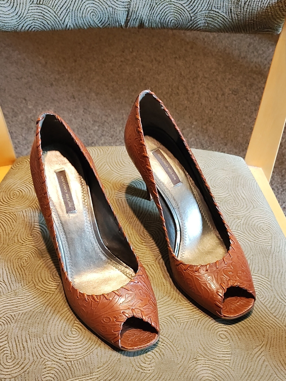 Antonio Melani Brown Embossed Peep-Toe Pumps -